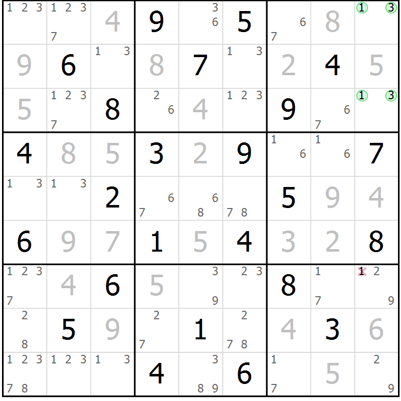Position des candidats pour la solution de la Gr 70 page 73 du magazine de sudoku Maestro n° 103