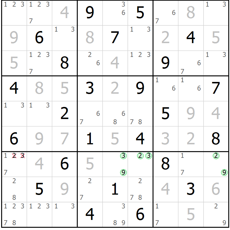 Position des candidats pour la solution de la Gr 70 page 73 du magazine de sudoku Maestro n° 103