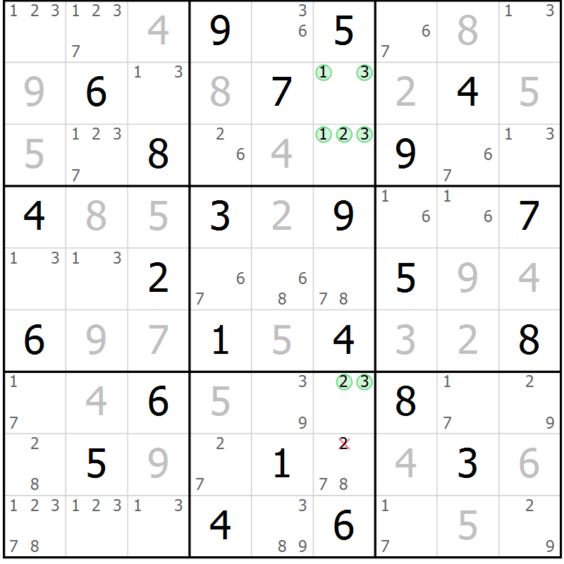 Position des candidats pour la solution de la Gr 70 page 73 du magazine de sudoku Maestro n° 103