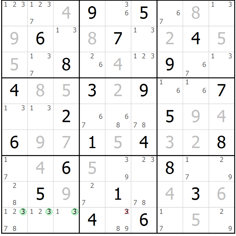 Position des candidats pour la solution de la Gr 70 page 73 du magazine de sudoku Maestro n° 103