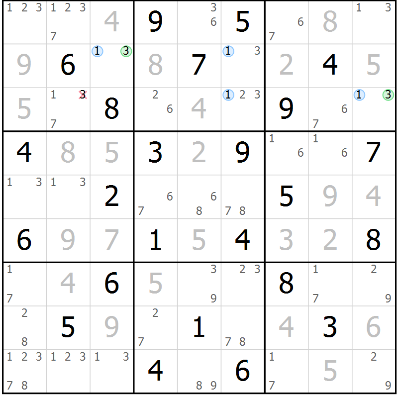 Position des candidats pour la solution de la Gr 70 page 73 du magazine de sudoku Maestro n° 103