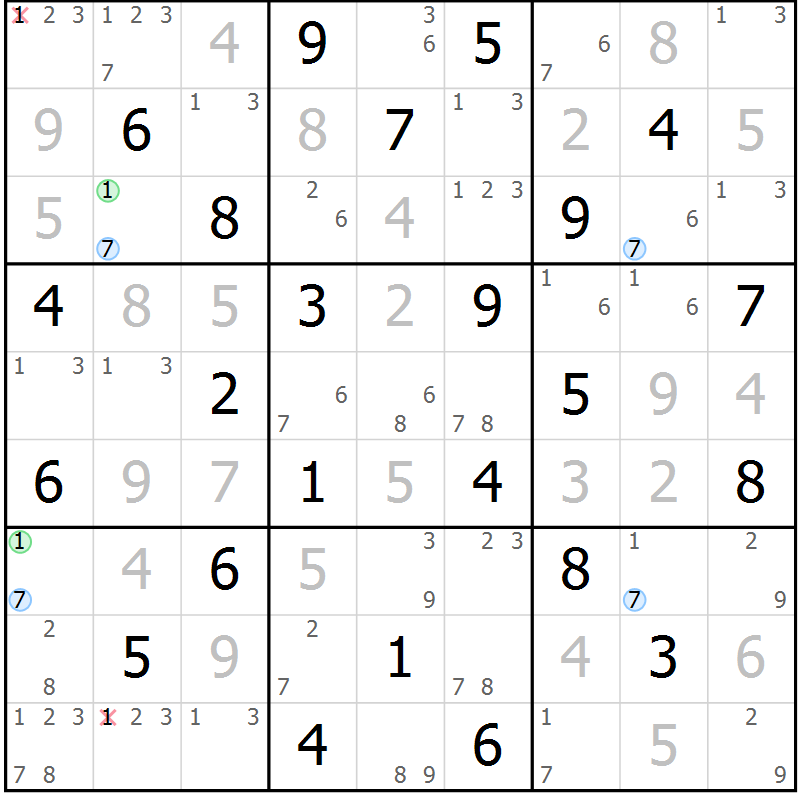Position des candidats pour la solution de la Gr 70 page 73 du magazine de sudoku Maestro n° 103