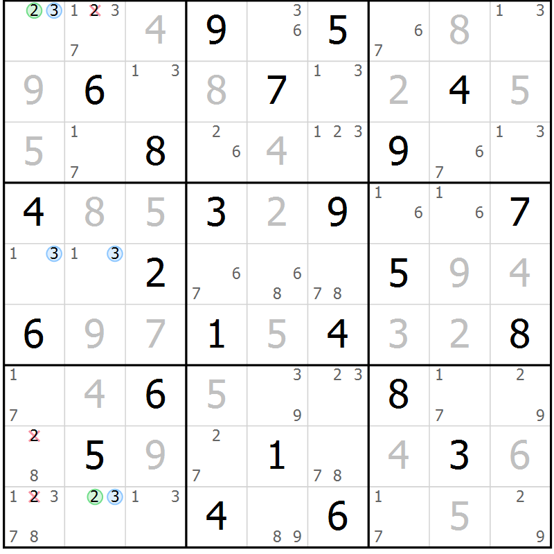 Position des candidats pour la solution de la Gr 70 page 73 du magazine de sudoku Maestro n° 103