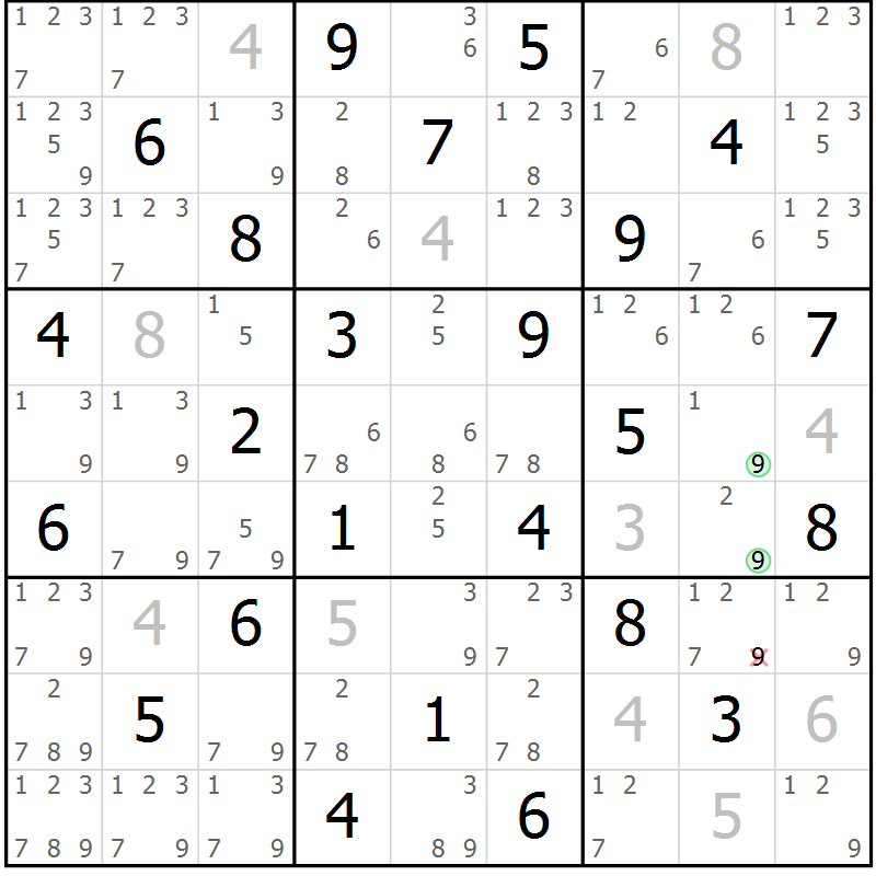 Position des candidats pour la solution de la Gr 70 page 73 du magazine de sudoku Maestro n° 103
