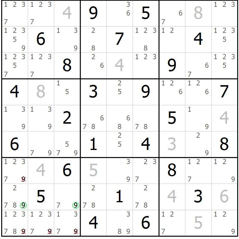 Position des candidats pour la solution de la Gr 70 page 73 du magazine de sudoku Maestro n° 103
