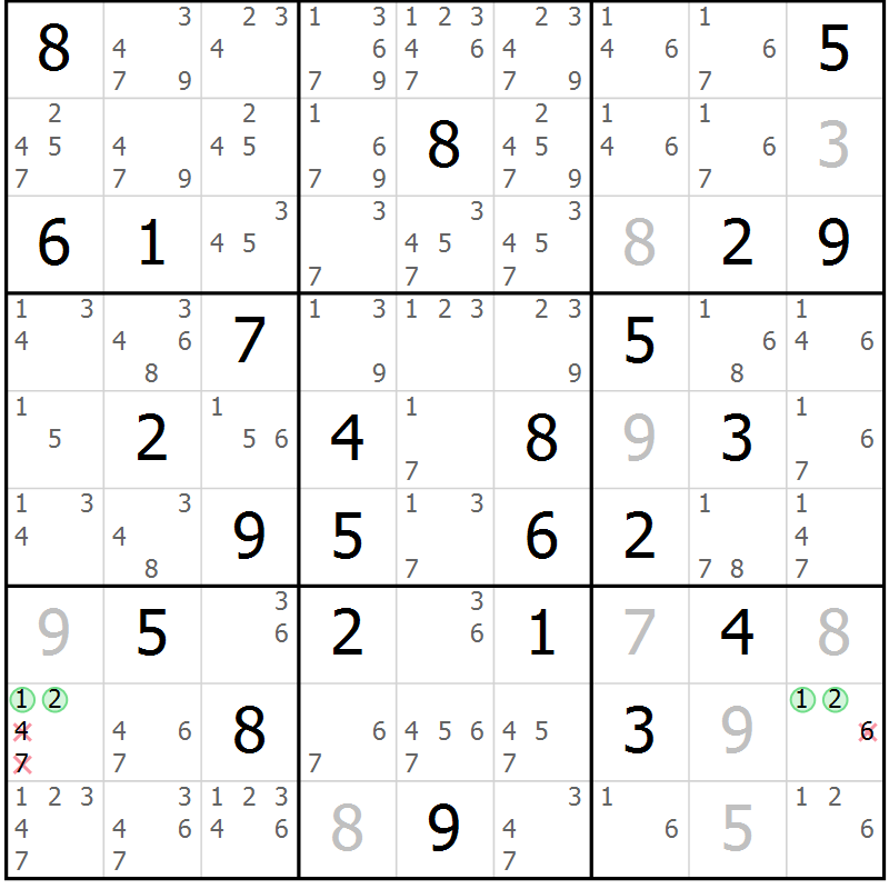 Position des candidats pour la solution de la Gr 71 page 74 du magazine de sudoku Maestro n° 103
