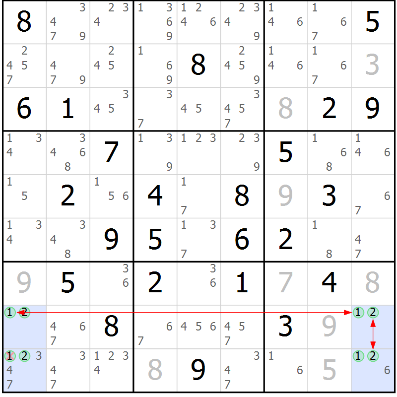 Position des candidats pour la solution de la Gr 71 page 74 du magazine de sudoku Maestro n° 103