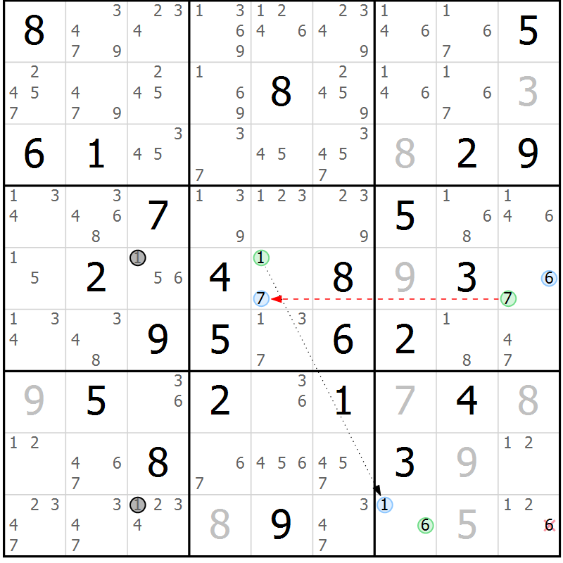 Position des candidats pour la solution de la Gr 71 page 74 du magazine de sudoku Maestro n° 103