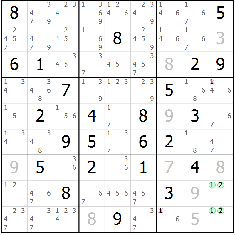 Position des candidats pour la solution de la Gr 71 page 74 du magazine de sudoku Maestro n° 103