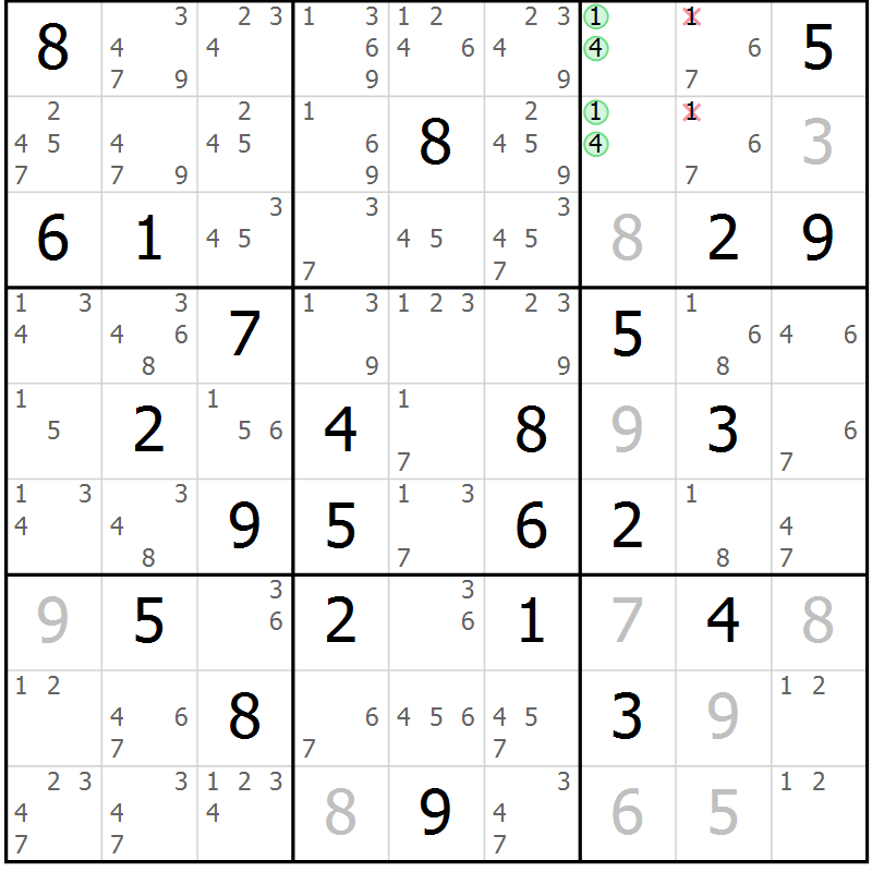 Position des candidats pour la solution de la Gr 71 page 74 du magazine de sudoku Maestro n° 103