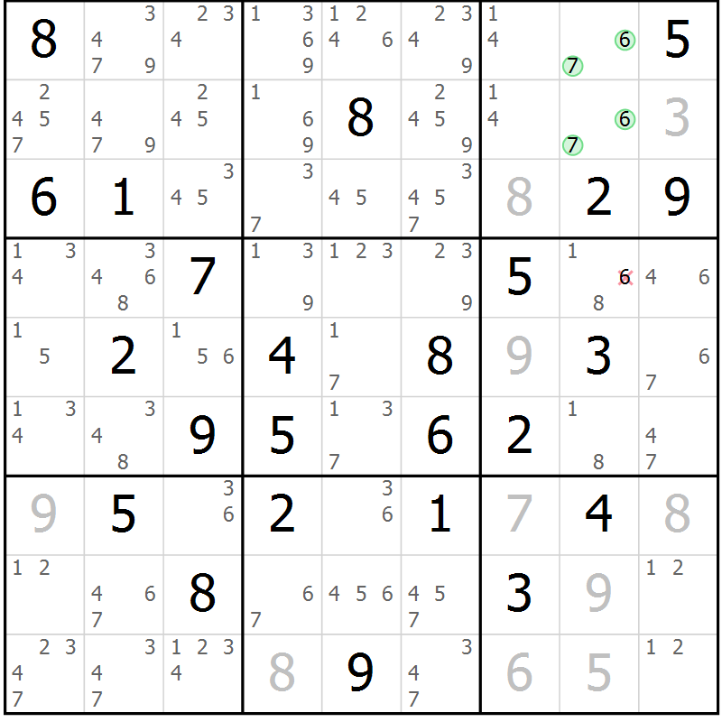 Position des candidats pour la solution de la Gr 71 page 74 du magazine de sudoku Maestro n° 103
