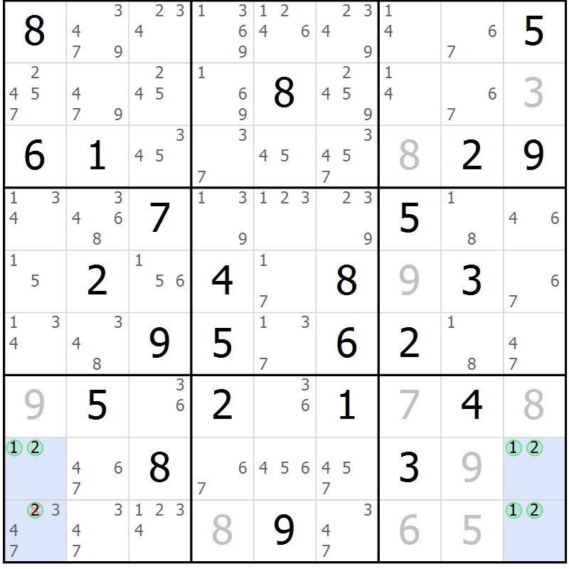 Position des candidats pour la solution de la Gr 71 page 74 du magazine de sudoku Maestro n° 103