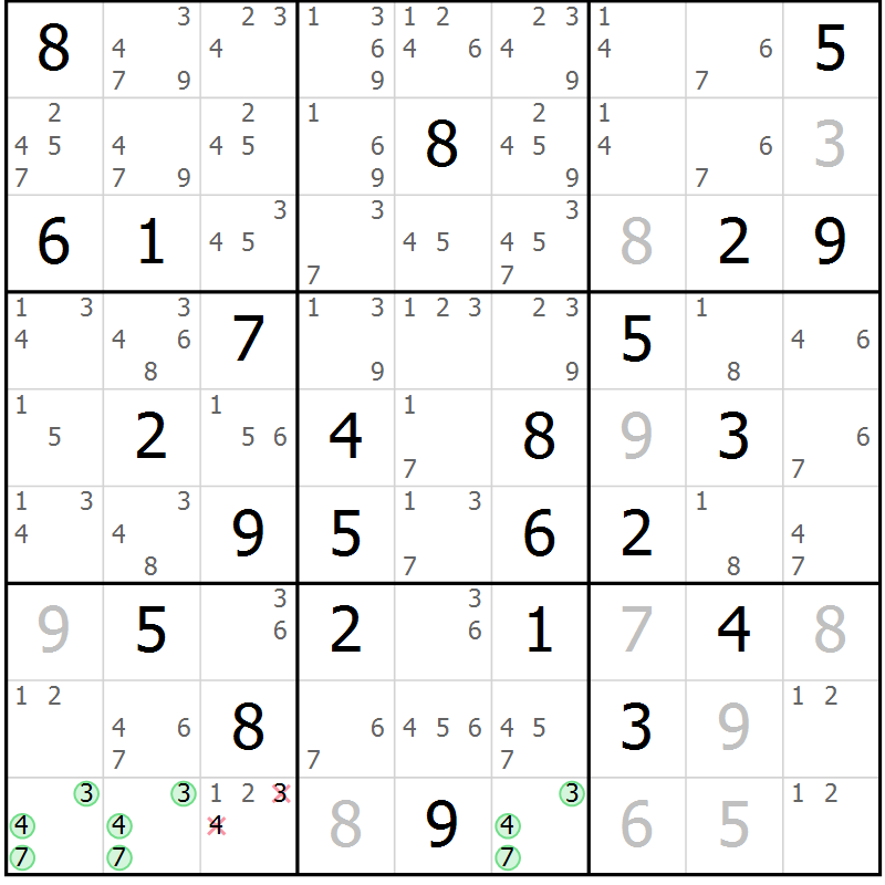 Position des candidats pour la solution de la Gr 71 page 74 du magazine de sudoku Maestro n° 103