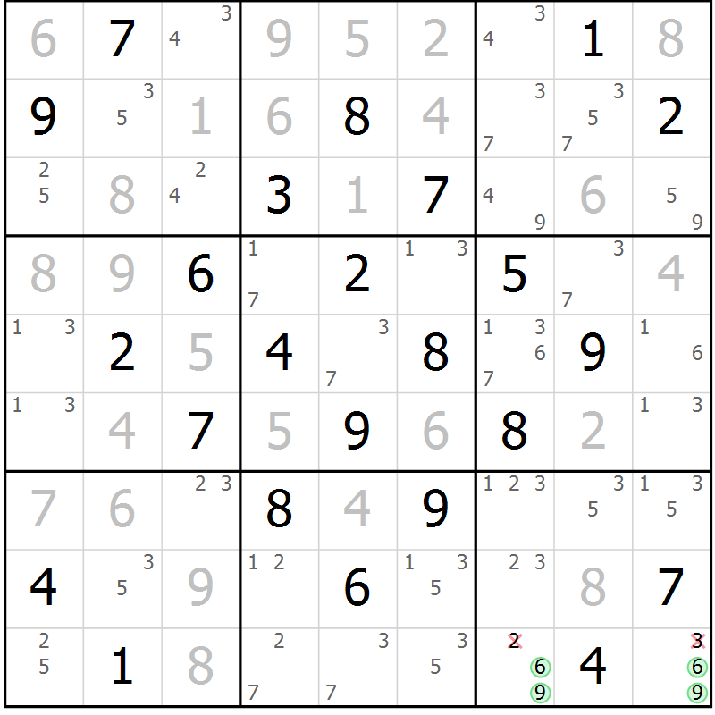 Position des candidats pour la solution de la Gr 72 page 75 du magazine de sudoku Maestro n° 103