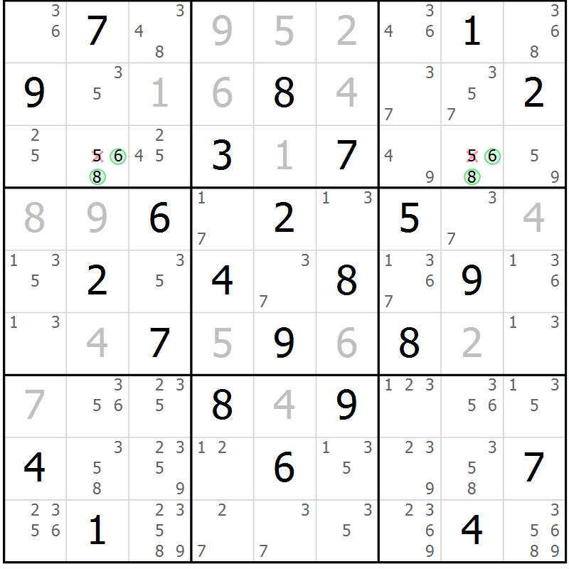 Position des candidats pour la solution de la Gr 72 page 75 du magazine de sudoku Maestro n° 103