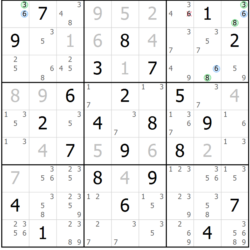 Position des candidats pour la solution de la Gr 72 page 75 du magazine de sudoku Maestro n° 103