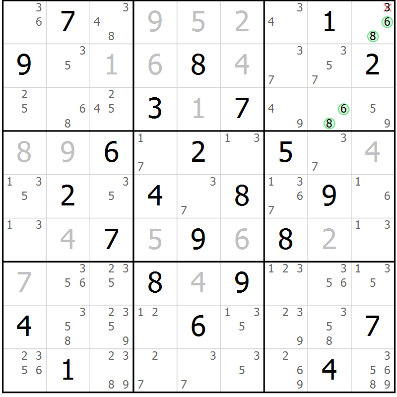 Position des candidats pour la solution de la Gr 72 page 75 du magazine de sudoku Maestro n° 103