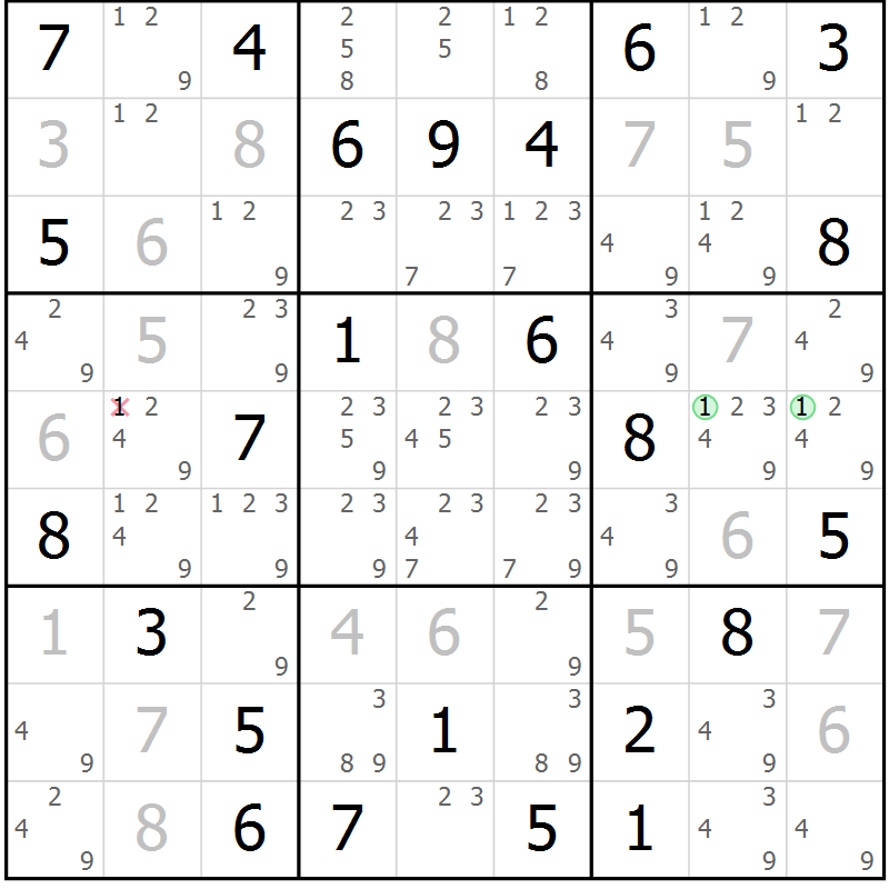 Position des candidats pour la solution de la Gr 73 page 76 du magazine de sudoku Maestro n° 103