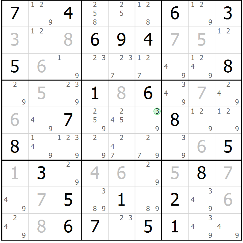 Position des candidats pour la solution de la Gr 73 page 76 du magazine de sudoku Maestro n° 103