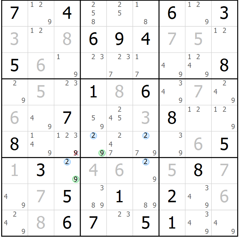 Position des candidats pour la solution de la Gr 73 page 76 du magazine de sudoku Maestro n° 103
