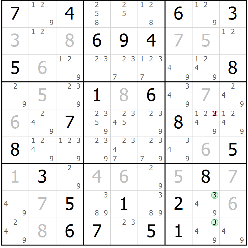 Position des candidats pour la solution de la Gr 73 page 76 du magazine de sudoku Maestro n° 103