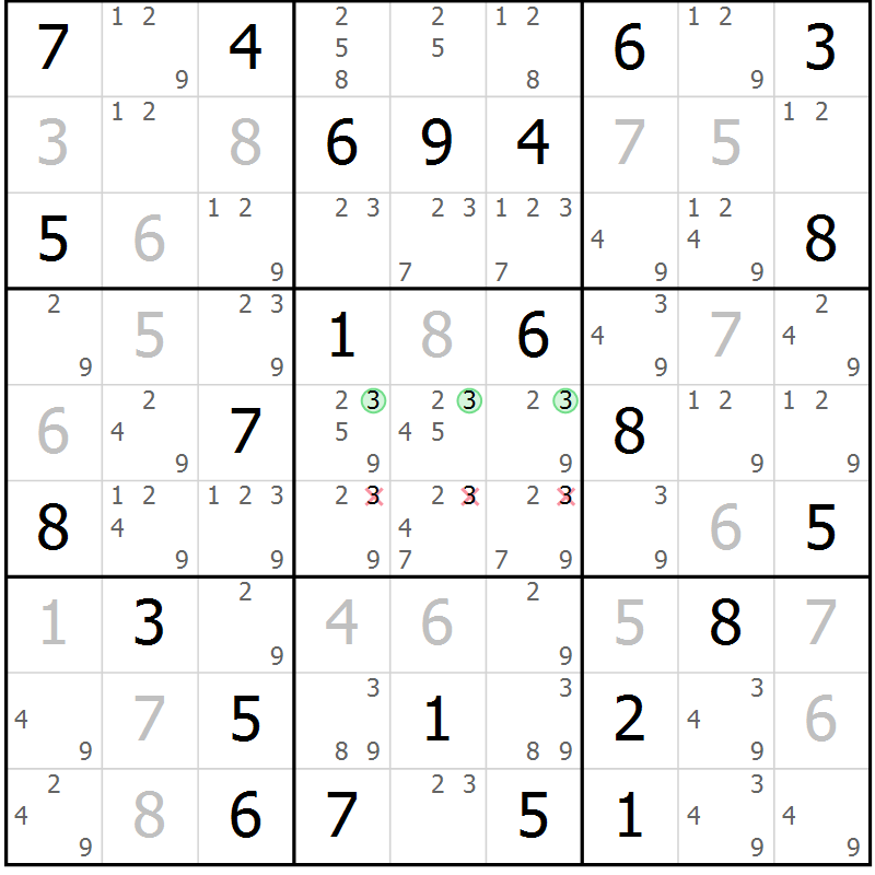 Position des candidats pour la solution de la Gr 73 page 76 du magazine de sudoku Maestro n° 103