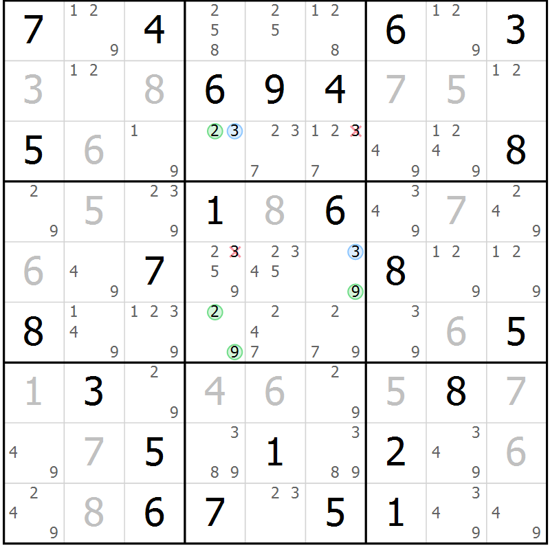 Position des candidats pour la solution de la Gr 73 page 76 du magazine de sudoku Maestro n° 103