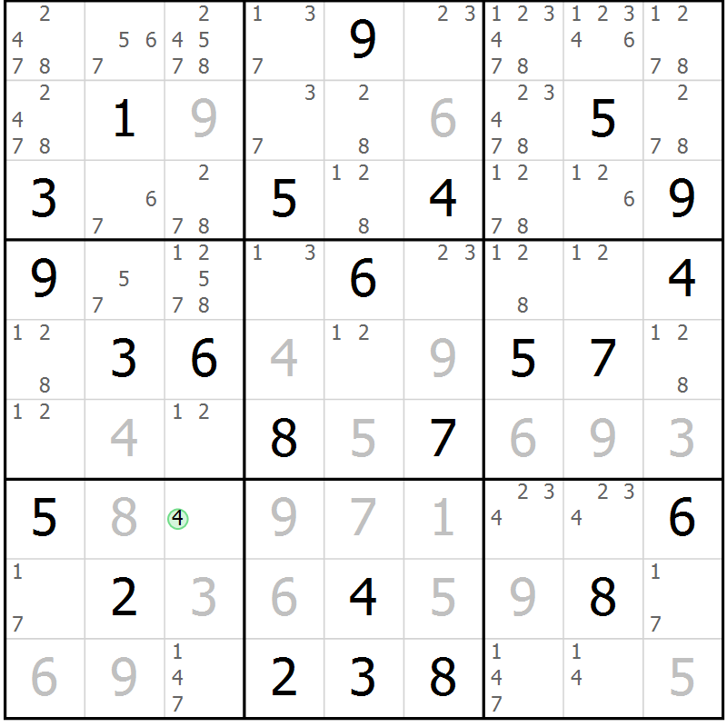 Position des candidats pour la solution de la Gr 74 page 77 du magazine de sudoku Maestro n° 103