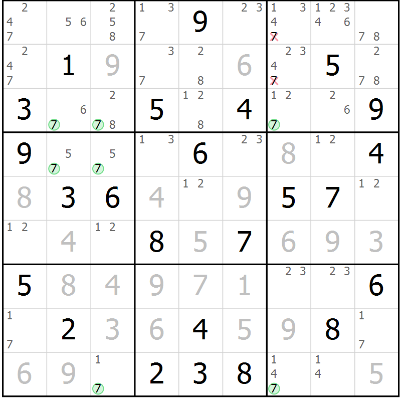 Position des candidats pour la solution de la Gr 74 page 77 du magazine de sudoku Maestro n° 103