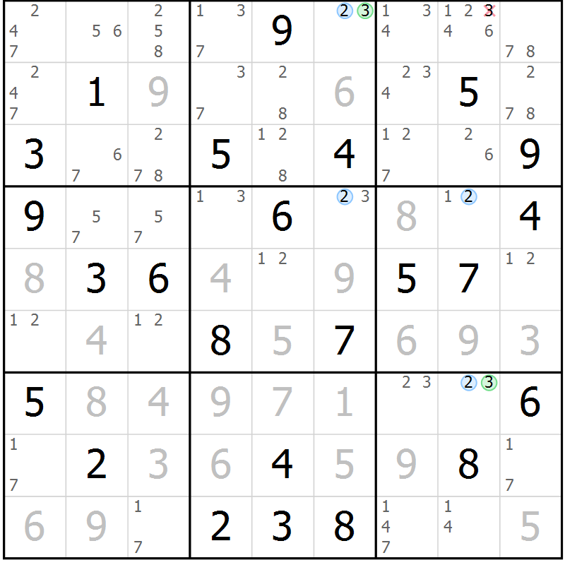 Position des candidats pour la solution de la Gr 74 page 77 du magazine de sudoku Maestro n° 103