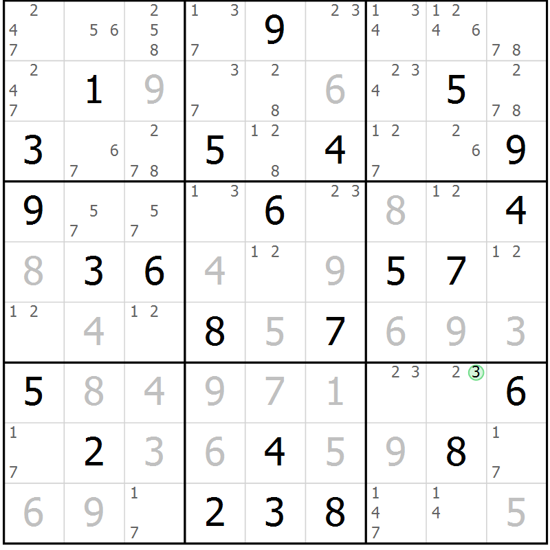 Position des candidats pour la solution de la Gr 74 page 77 du magazine de sudoku Maestro n° 103