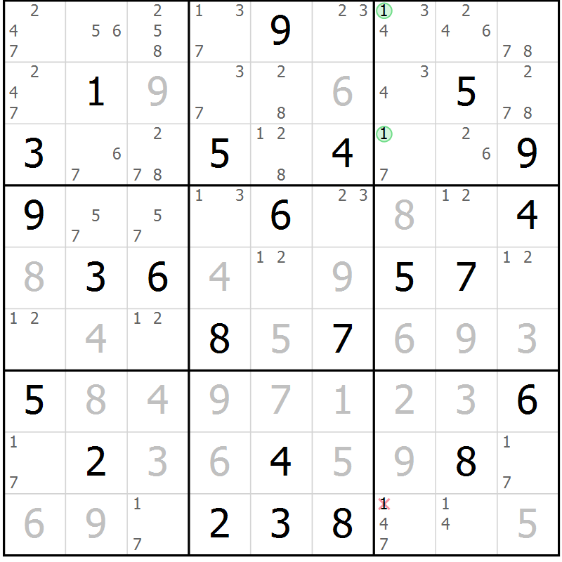 Position des candidats pour la solution de la Gr 74 page 77 du magazine de sudoku Maestro n° 103