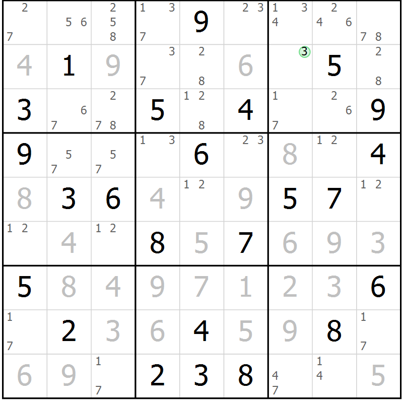 Position des candidats pour la solution de la Gr 74 page 77 du magazine de sudoku Maestro n° 103