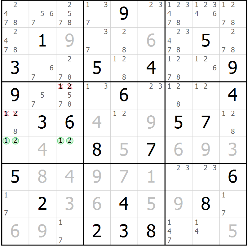 Position des candidats pour la solution de la Gr 74 page 77 du magazine de sudoku Maestro n° 103