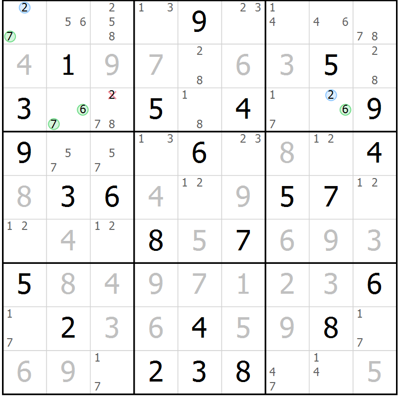 Position des candidats pour la solution de la Gr 74 page 77 du magazine de sudoku Maestro n° 103
