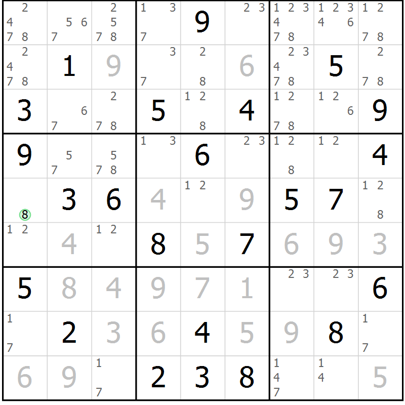 Position des candidats pour la solution de la Gr 74 page 77 du magazine de sudoku Maestro n° 103