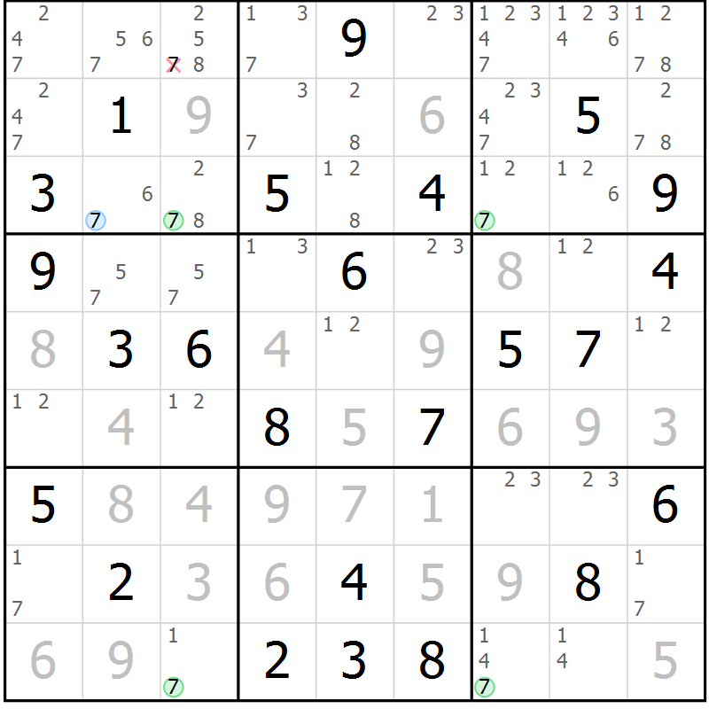 Position des candidats pour la solution de la Gr 74 page 77 du magazine de sudoku Maestro n° 103