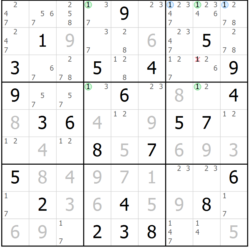 Position des candidats pour la solution de la Gr 74 page 77 du magazine de sudoku Maestro n° 103