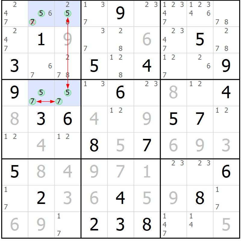 Position des candidats pour la solution de la Gr 74 page 77 du magazine de sudoku Maestro n° 103