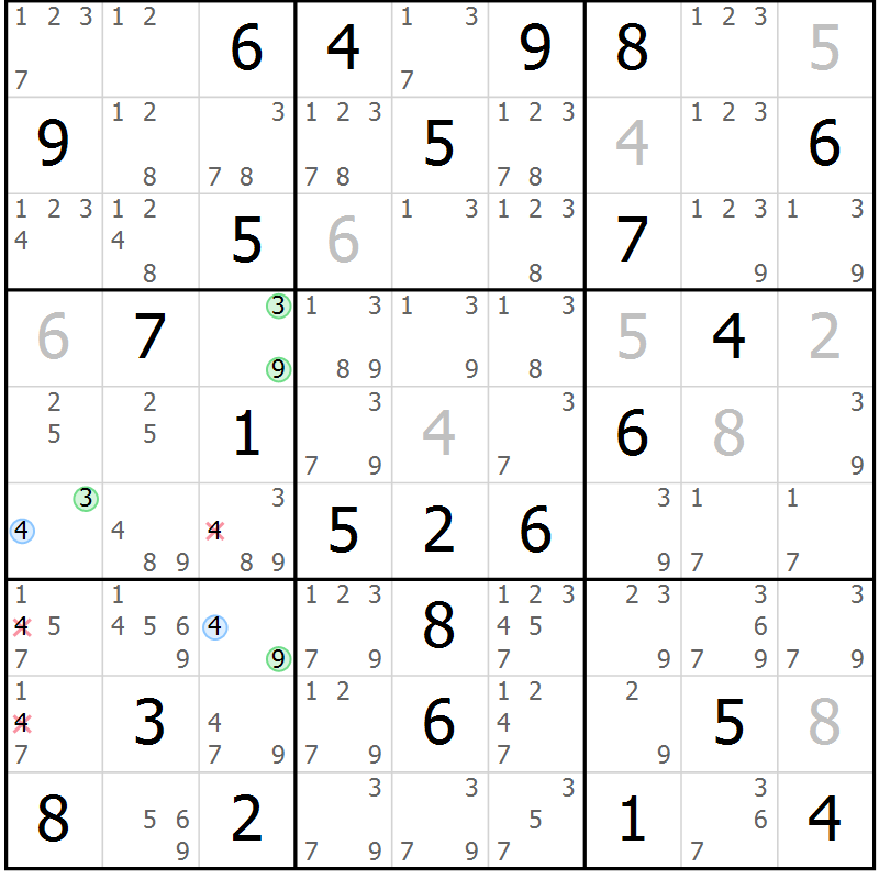Position des candidats pour la solution de la Gr 75 page 78 du magazine de sudoku Maestro n° 103
