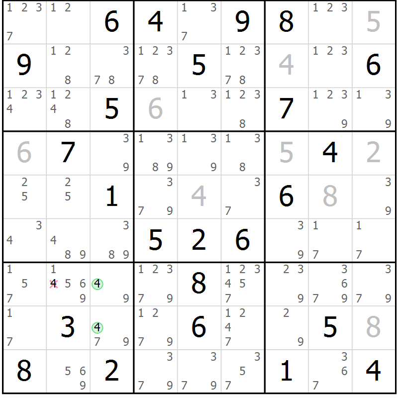 Position des candidats pour la solution de la Gr 75 page 78 du magazine de sudoku Maestro n° 103