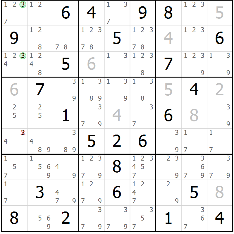 Position des candidats pour la solution de la Gr 75 page 78 du magazine de sudoku Maestro n° 103