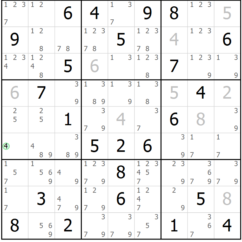 Position des candidats pour la solution de la Gr 75 page 78 du magazine de sudoku Maestro n° 103