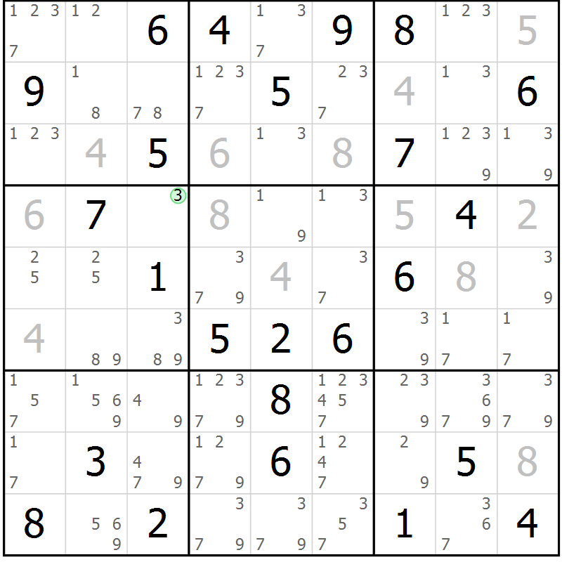Position des candidats pour la solution de la Gr 75 page 78 du magazine de sudoku Maestro n° 103
