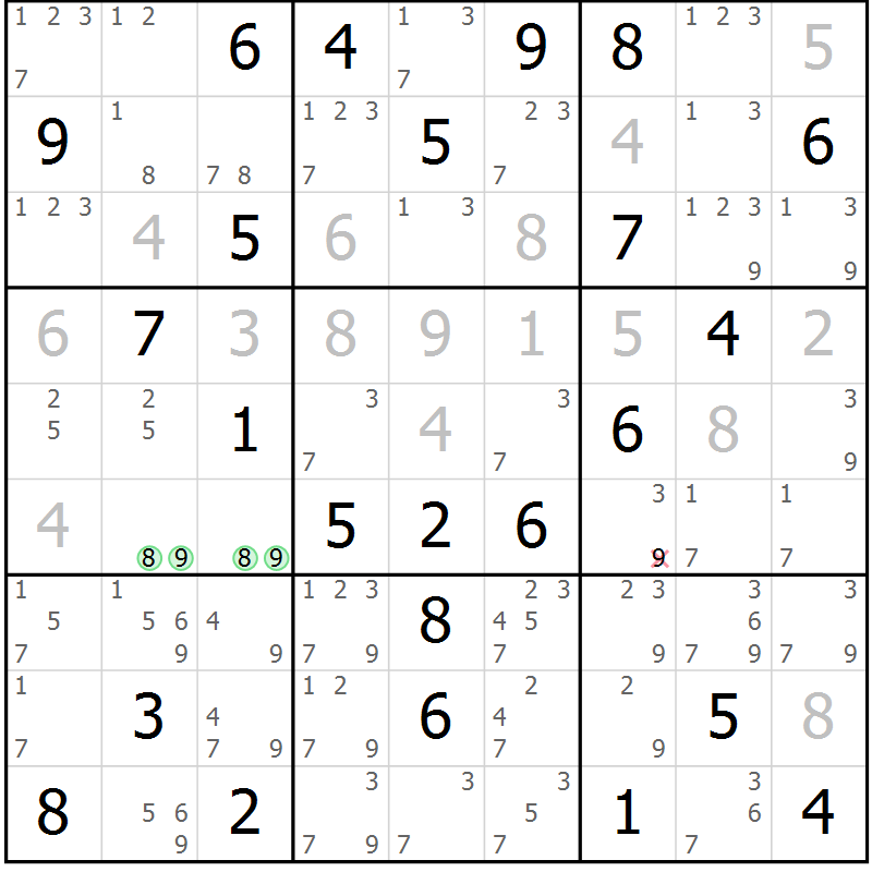 Position des candidats pour la solution de la Gr 75 page 78 du magazine de sudoku Maestro n° 103
