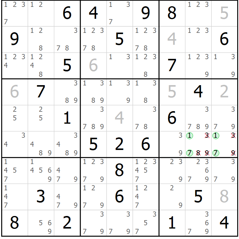 Position des candidats pour la solution de la Gr 75 page 78 du magazine de sudoku Maestro n° 103