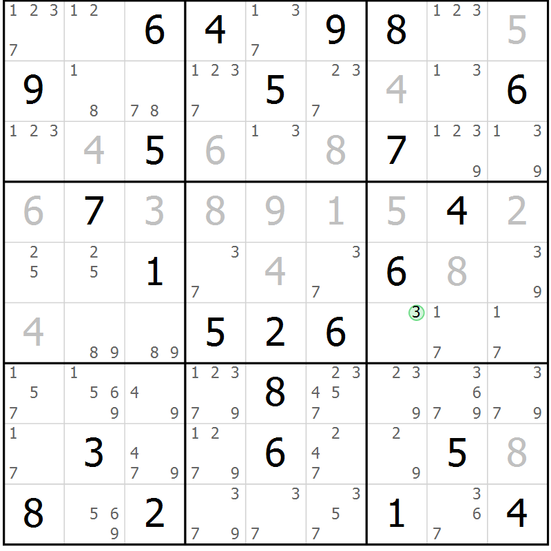 Position des candidats pour la solution de la Gr 75 page 78 du magazine de sudoku Maestro n° 103