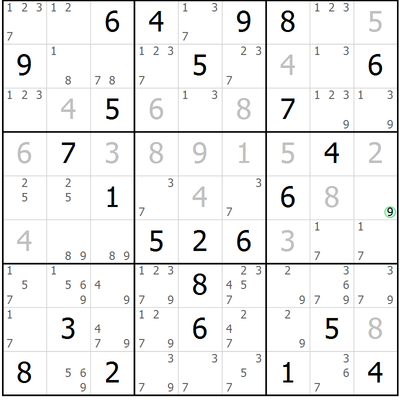 Position des candidats pour la solution de la Gr 75 page 78 du magazine de sudoku Maestro n° 103