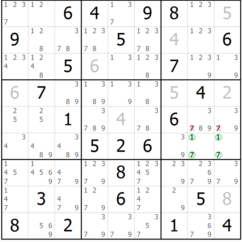 Position des candidats pour la solution de la Gr 75 page 78 du magazine de sudoku Maestro n° 103