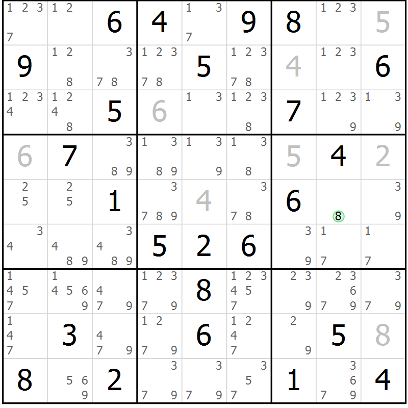 Position des candidats pour la solution de la Gr 75 page 78 du magazine de sudoku Maestro n° 103